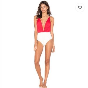 clavert one piece in red and off white